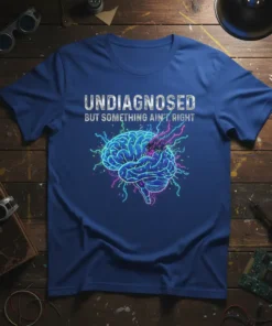 T-shirt with the text "UNDIAGNOSED BUT SOMETHING AIN'T RIGHT" above a glowing blue brain graphic with colorful energy lines