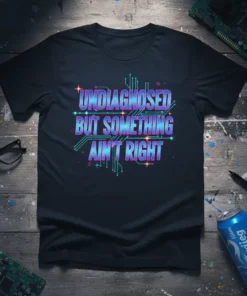 Undiagnosed But Something Ain't Right humorous quote on a black t-shirt with circuit board graphics