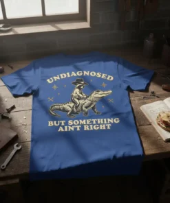 Undiagnosed But Something Ain't Right t-shirt with raccoon riding alligator graphic and western-style text