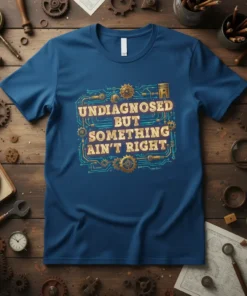 Undiagnosed But Something Ain't Right quote on a blue t-shirt with gears and circuit board design