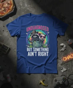 T-shirt with "UNDIAGNOSED BUT SOMETHING AIN'T RIGHT" text featuring two raccoons in a trash can, wearing hats and sunglasses