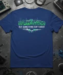 Undiagnosed But Something Ain't Right text with skull graphic on a blue t-shirt, digital circuit design, medical humor theme