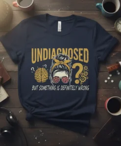Undiagnosed But Something Is Definitely Wrong quote on a navy t-shirt with brain and question mark graphics
