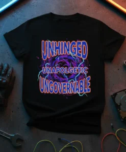Black t-shirt with bold blue and red text reading "UNHINGED UNAPOLOGETIC UNGOVERNABLE" in a chaotic purple vortex graphic