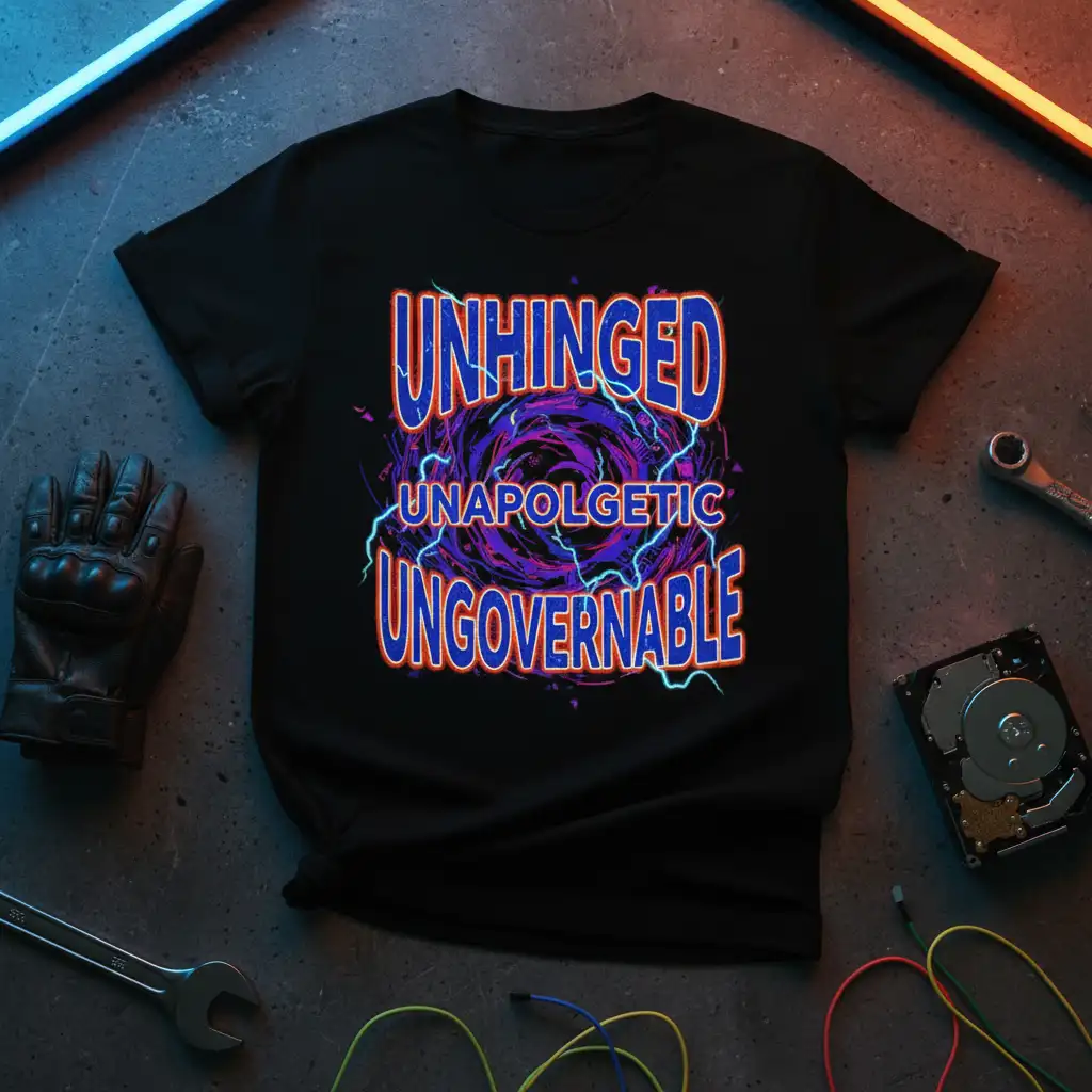 Black tee featuring the UNHINGED UNAPOLOGETIC UNGOVERNABLE quote within a vibrant, energetic purple vortex design