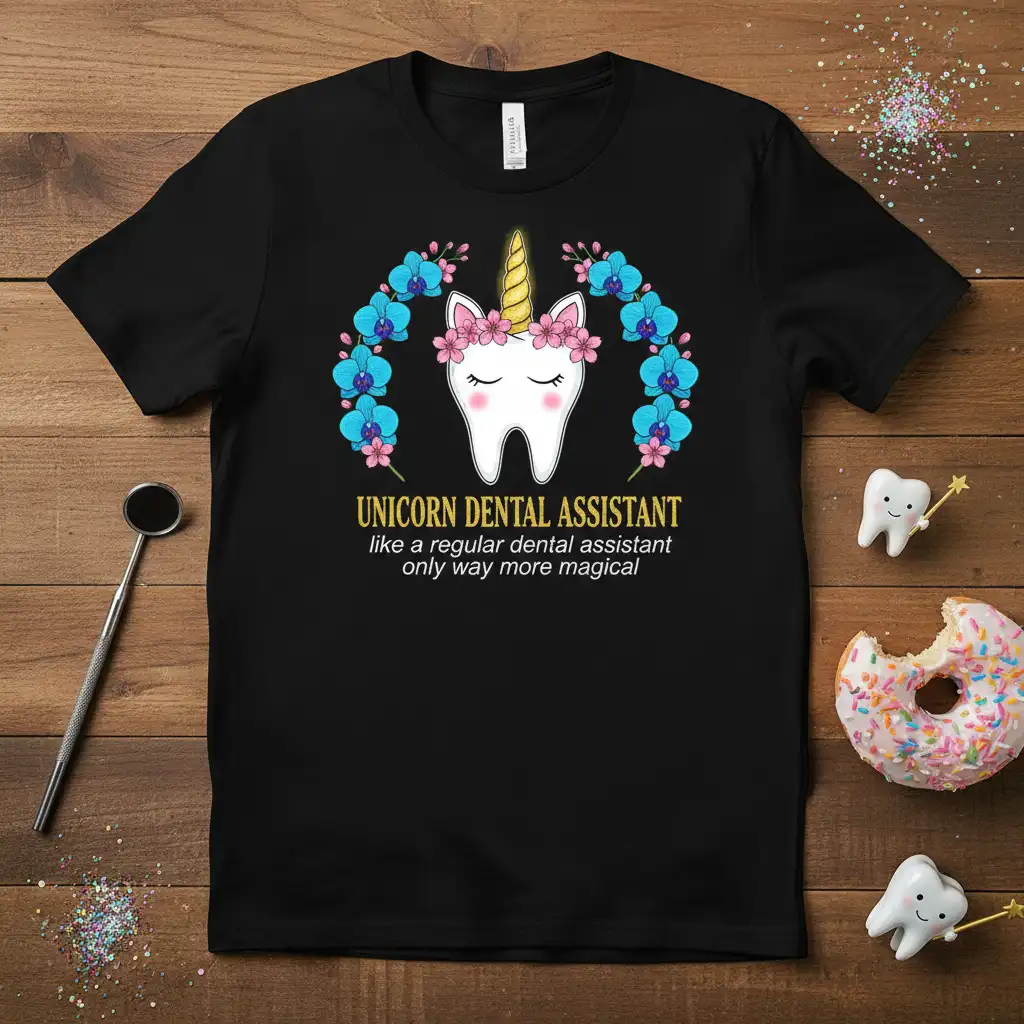 UNICORN DENTAL ASSISTANT like quote printed with unique artwork on breathable fabric t-shirt design