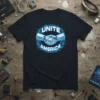 Unite America t-shirt design with a blue neon circuit board border and robotic hands shaking in the center