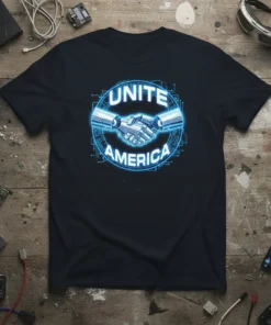 Unite America t-shirt design with a blue neon circuit board border and robotic hands shaking in the center