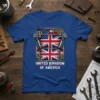 United Kingdom of America t-shirt design featuring robotic fists holding a split US and UK flag, with text "UNITED KINGDOM