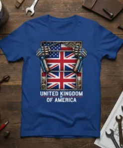 United Kingdom of America t-shirt design featuring robotic fists holding a split US and UK flag, with text "UNITED KINGDOM