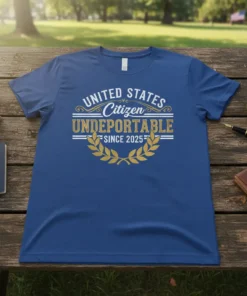 UNITED STATES Citizen UNDEPORTABLE SINCE 2025 text design with laurel wreath graphic on a blue t-shirt