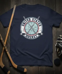 United States Hockey T-Shirt with crossed hockey sticks and distressed circular emblem