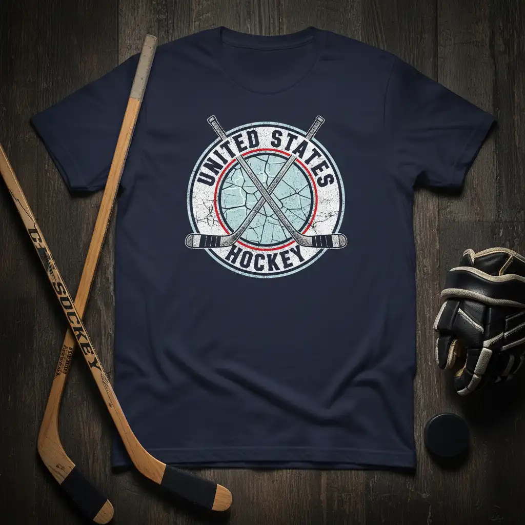 United States Hockey graphic with distressed emblem and crossed sticks on a navy blue t-shirt