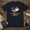 T-shirt featuring a heart split between the US and Hungarian flags, with text "UNITED STATES OF AMERICA & HUNGARY FRIENDSHIP