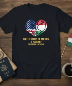 T-shirt featuring a heart split between the US and Hungarian flags, with text "UNITED STATES OF AMERICA & HUNGARY FRIENDSHIP