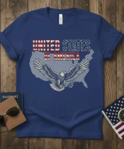 United States of America text with an eagle graphic on a blue t-shirt, vintage distressed style
