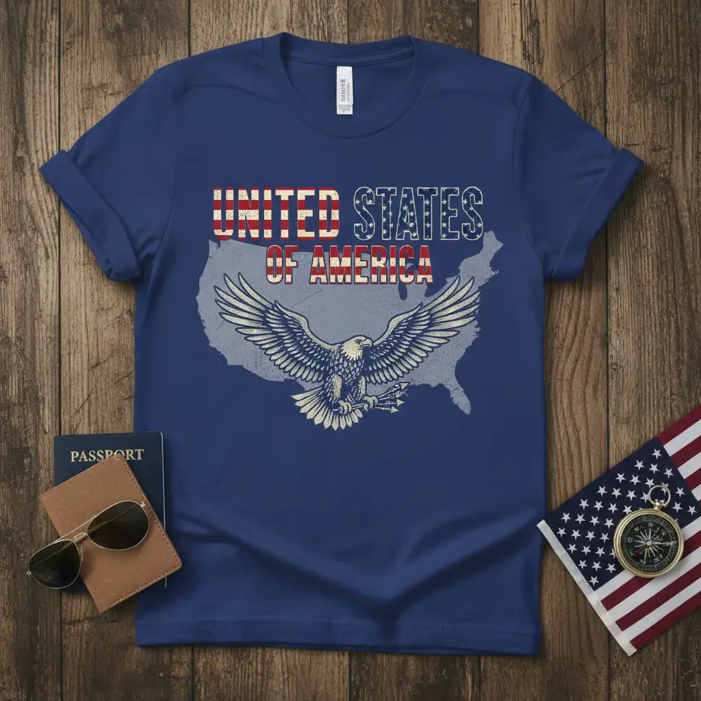United States of America text with patriotic eagle graphic on a distressed blue t-shirt design