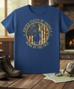 United States Of America Home Of The Free t-shirt with deer silhouette and distressed American flag graphic