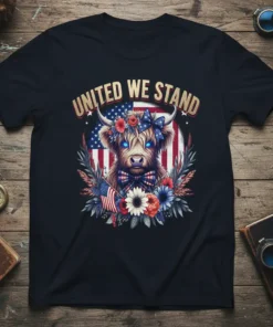 United We Stand Highland Cow T-Shirt with American flag and floral wreath. Patriotic graphic tee