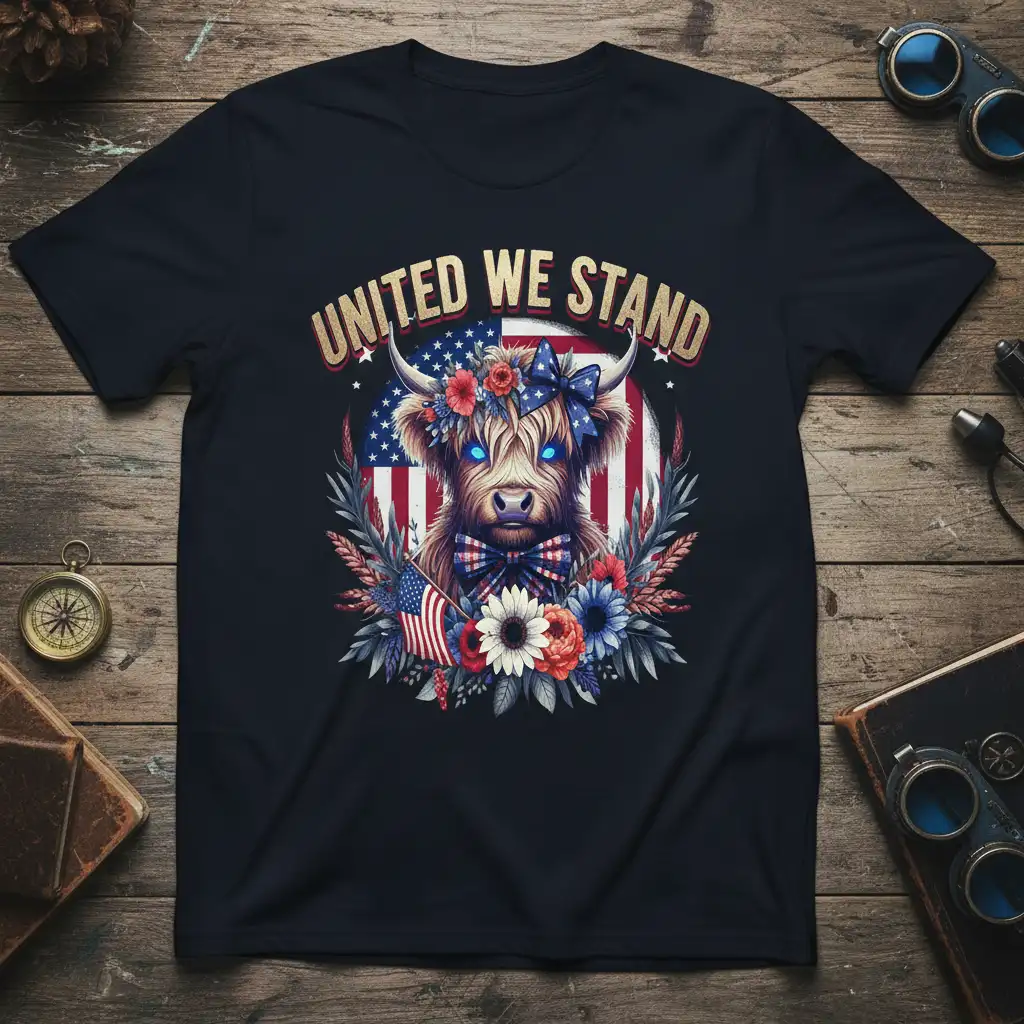 UNITED WE STAND patriotic phrase with Highland cow, American flag, and floral wreath graphic