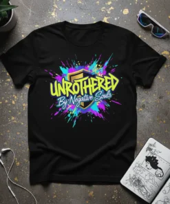 Black t-shirt featuring the text "UNROTHERED By Negative Souls" in bright yellow and white with a colorful paint splatter graphic