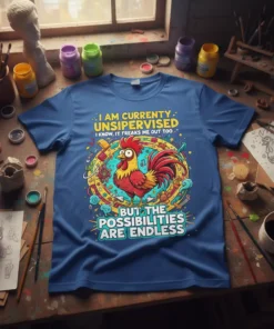 I Am Currently Unsupervised Rooster T-Shirt with funny quote and vibrant farm animal graphic