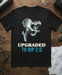 Black t-shirt with "UPGRADED TO HIP 2.0" text and a stylized metallic hip joint graphic