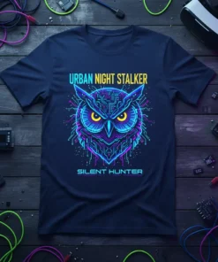 Urban Night Stalker Silent Hunter text above and below a neon cyberpunk owl graphic on a navy blue t-shirt