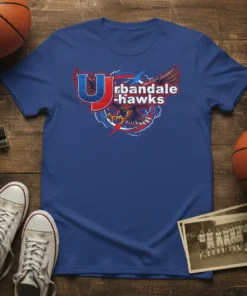 Urbandale Hawks t-shirt design featuring a bold UJ logo and a fierce hawk graphic with team name