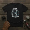 USA BBQ Crew text with graphic of grilling utensils on a black t-shirt