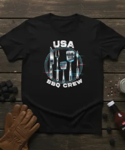 USA BBQ Crew text with graphic of grilling utensils on a black t-shirt