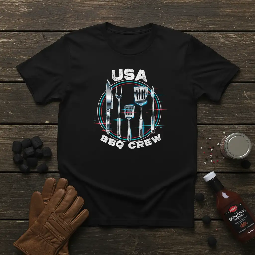 USA BBQ Crew text and grilling tools graphic on black t-shirt for grill masters