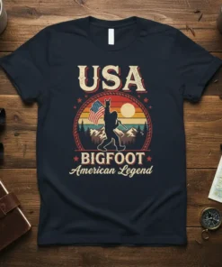 USA Bigfoot American Legend t-shirt design with Bigfoot holding an American flag and rock on hand