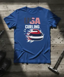 USA Curling T-Shirt design with American flag stars and stripes for the word USA, and the word CURLING below, featuring