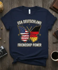 USA Deutschland Friendship Power butterfly graphic t-shirt design with US and German flags