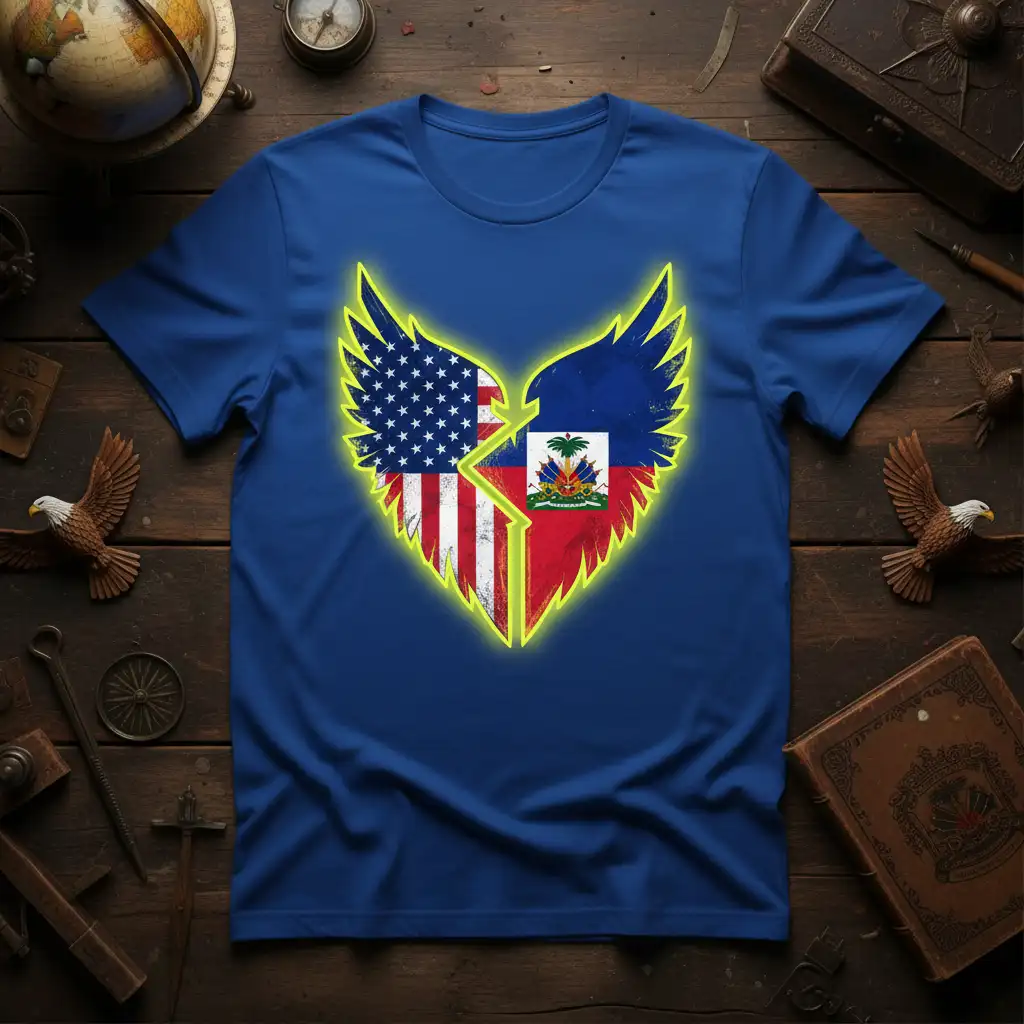 USA Haiti Heart Wings creative illustration printed on comfortable cotton fabric creating a standout t-shirt