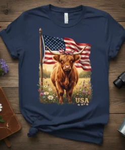 USA Highland Cow Patriotic Graphic Tee featuring a fluffy cow with a bandana and the American flag