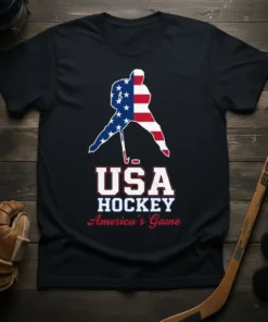 USA Hockey America's Game t-shirt featuring a hockey player silhouette filled with the American flag and text USA HOCKEY America's