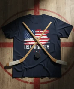Navy blue t-shirt with distressed American flag and "USA HOCKEY" text, featuring crossed hockey sticks and a puck