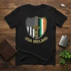 USA Ireland t-shirt design featuring a split shield with American flag and Irish flag elements and Celtic knot, text reads