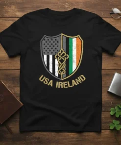 USA Ireland t-shirt design featuring a split shield with American flag and Irish flag elements and Celtic knot, text reads