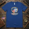 USA Israel Friendship T-Shirt with a golden shield emblem displaying the American and Israeli flags and text "USA ISRAEL FRIENDSHIP"