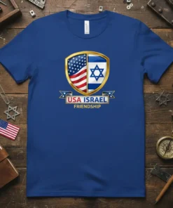 USA Israel Friendship T-Shirt with a golden shield emblem displaying the American and Israeli flags and text "USA ISRAEL FRIENDSHIP"