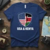 USA & Kenya flag split shield design with text "USA & KENYA" below on a navy blue t-shirt