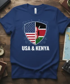 USA & Kenya flag split shield design with text "USA & KENYA" below on a navy blue t-shirt