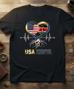 USA Kenya heartbeat roots t-shirt design with American and Kenyan flags in a heart shape