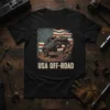 USA Off-Road T-Shirt with a Jeep climbing rocks and an American flag graphic