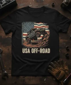USA Off-Road T-Shirt with a Jeep climbing rocks and an American flag graphic