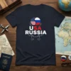 USA Russia dual flag design with cat outline on a navy blue t-shirt, symbolizing American and Russian heritage