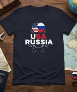 USA Russia dual flag design with cat outline on a navy blue t-shirt, symbolizing American and Russian heritage